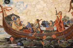 Mosaik, das den hinduistischen Gott Krishna mit Gopis in einem Boot darstellt. Indien von Unbekannt