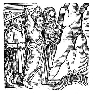Moses schlägt den Felsen in der Wüste und bringt Wasser hervor, 1557 von Unbekannt