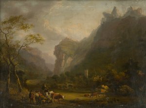 Bergtal mit Figurengruppe im Vordergrund
