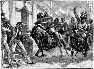 Berittene rebellische Sepoys stürmen durch die Straßen von Delhi, Indischer Aufstand, Mai 1857, ca. 1895 von Unbekannt