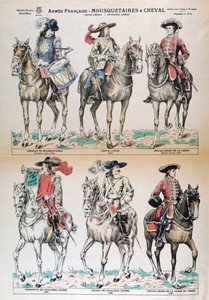 Mousquetaires a Cheval 17. Jahrhundert. Französische Armeeuniformen. Farblithographie. Private Sammlung von Unbekannt