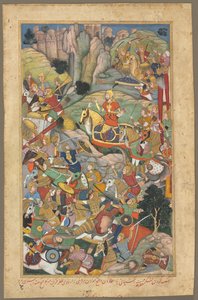 Mogulherrscher Humayun besiegt die Afghanen vor der Rückeroberung Indiens, Folio aus einem Akbar-nama Buch von Unbekannt