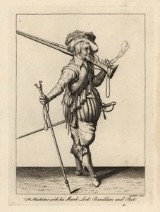 Musketier mit seiner Luntenschlossmuskete, Bandeliers und Musketenstütze