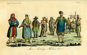 Muslimischer Mann auf der Hadsch nach Mekka 1, muslimische Frau 2, muslimischer Mann in Reisekleidung 3, gewöhnlicher Muslim 4, Derwisch-Heiliger 5, Astrologe oder Tagessa 6, Maultiertreiber 7, Barbier oder Kagiem 8, Beduinenmädchen aus der Nähe von Beja (