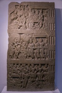 Nationalmuseum von Indien, Delhi. Szenen aus Buddhas Leben. Ikshvaku, 3. Jahrhundert n. Chr. Nagarjunakonda, Andhra Pradesh. Grauer Kalkstein. (Detail). Indien.