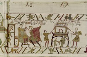 Nachrichten über Harold werden zu Wilhelm gebracht und ein Haus wird von den Normannen verbrannt, Teppich von Bayeux von Unbekannt