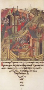 Novgorod veche. Novgoroder plündern den Hof des Posadnik. Aus der Illuminated Compiled Chronicle