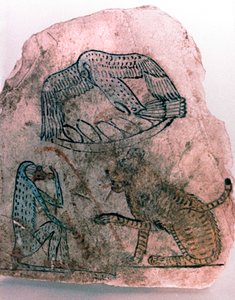 Ostrakon-Fragment, Gepard, Vogel und Affe, Ägypten