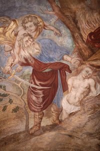 Kirche Unserer Lieben Frau von der Himmelfahrt. Abraham opfert seinen Sohn, Cordon, Frankreich