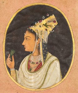 Ovales Porträt einer Frau mit Chaghtai-Hut, um 1740-50 von Unbekannt