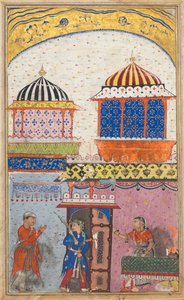 Seite aus Geschichten eines Papageis Tuti-nama: Achte Nacht: Eine Frau bittet ihren Liebhaber zu gehen..., ca. 1560