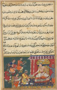 Seite aus Geschichten eines Papageis Tuti-nama: Achte Nacht: Der Astrologe sagt eine Katastrophe voraus..., 1558-1