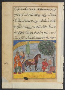Seite aus Geschichten eines Papageis Tuti-nama: Achte Nacht: Der Liebhaber-Sohn macht einen Elefanten, ca. 1560