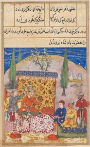 Seite aus den Geschichten eines Papageis Tuti-nama: Achte Nacht: Der junge Prinz wird vorgestellt..., 1558-1560 von Unbekannt