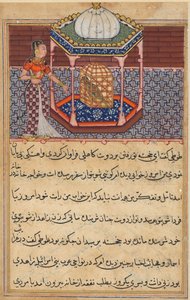Seite aus Geschichten eines Papageis Tuti-nama: Zweiundfünfzigste Nacht: Der Papagei spricht Khujasta an..., ca. 1560 von Unbekannt