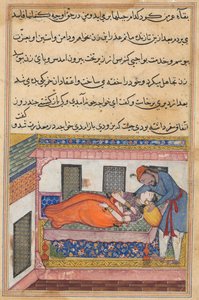 Seite aus Geschichten eines Papageis Tuti-nama: Vierzigste Nacht: Shahr-Arais Ehemann..., um 1560