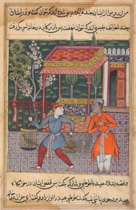 Seite aus Geschichten eines Papageis Tuti-nama: Zweiundvierzigste Nacht: Der Kaufmann von Tirmiz..., ca. 1560 von Unbekannt