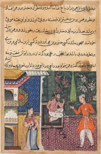 Seite aus den Geschichten eines Papageis Tuti-nama: Fünfunddreißigste Nacht: Der Brahmane gibt..., ca. 1560