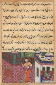 Seite aus den Geschichten eines Papageis Tuti-nama: Dreiunddreißigste Nacht: Der Papagei spricht Khujasta an..., ca. 15 von Unbekannt