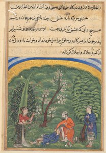 Seite aus Geschichten eines Papageis Tuti-nama: zweite Nacht: Der Wächter im Dienst, ca. 1560