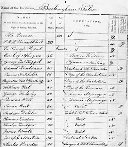 Seite der Volkszählung von Buckingham Palace für 1841