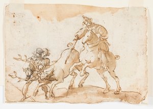 Seite eines Zeichenbuchs; Ein Reiter, der einen Hirsch tötet und Zwei Galeeren auf hoher See von Unbekannt