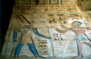 Bemaltes Relief, Tempel von Ramses III, Medinet Habu, Ägypten, 12. Jahrhundert v. Chr.