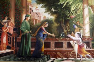 Gemälde im Bhaktivedanta Manor, das den jungen Krishna zeigt, wie er zu Mutter Yasoda und Nanda Maharaj (seinen Pflegeeltern) rennt. Watford, Großbritannien von Unbekannt