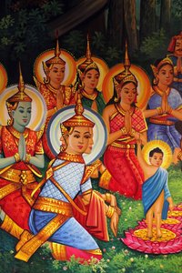 Malerei, die Buddhas Geburtstag (Wesak) in Wat Than darstellt, Phnom Penh, Kambodscha