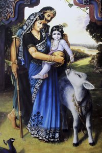 Gemälde des hinduistischen Gottes Krishna als Baby mit seinen Pflegeeltern Yashoda & Nanda, Indien von Unbekannt