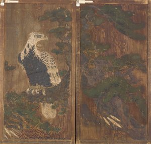 Paar Türen mit Adler auf einem Kiefernbaum auf einer Seite..., Momoyama-Periode, 17. Jahrhundert von Unbekannt