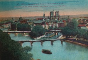 Panorama der Seine mit der Kathedrale Notre-Dame und der Île de la Cité, Paris, um 1920