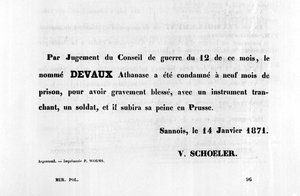 Par Jugement du Conseil, aus französischen politischen Plakaten der Pariser Kommune, Januar 1871