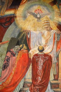 Paris, Frankreich. Kirche Saint-Esprit. Fresko, das die Versammlung des Zweiten Vatikanischen Konzils darstellt, Paris, Frankreich von Unbekannt