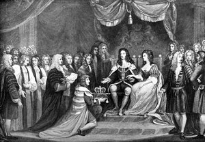 Das Parlament bietet Wilhelm und Maria die Krone an, 1689, spätes 18. Jahrhundert von Unbekannt