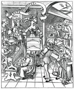 Personifikation der Musik, mit den Hilfskräften, dem Dichter und Musikern, 1508, 1870