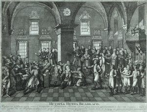 Peter I in der Rebellion der Altgläubigen im Facettenpalast, Ende des 18. Jahrhunderts von Unbekannt
