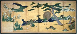 Kiefern und Pfauen, japanische Edo-Zeit, frühes 17. Jahrhundert von Unbekannt