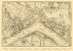 Plan von Westminster. Aus Nordens Vermessung, aufgenommen in der Regierungszeit von Königin Elisabeth, 1593, 1881