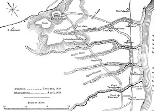 Plan der Märsche von Pearson Jan., 1879 und von Chelmsford April, 1879 nach Etschowe, um 1880 von Unbekannt