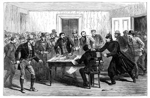 Polizeirazzia in den National Rent Offices in Loughrea, Irland, 1887
