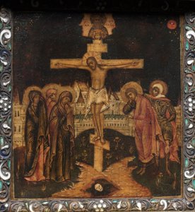 Tragbares Triptychon-Ikone: Die Kreuzigung, 1600er Jahre