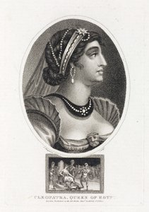 Porträt von Kleopatra (Thea Philopator, 69-30 v. Chr.), mit einer Szene, die ihren Aufstieg auf den Thron von Ägypten beschreibt, umgeben von römischen Legionären von Unbekannt