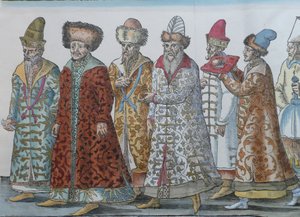Porträt der Moskauer Monarchen Iwan III., Wassili III. Iwanowitsch, Iwan IV. von Russland und Gefolge