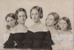 Porträt der Schwestern Yelisaveta, Maria, Praskovya, Alexandra und Anna Dyakov, Ende der 1830er Jahre von Unbekannt