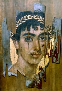 Porträt eines Jugendlichen mit einem goldenen Kranz, Fayum-Mumienporträt, römisch-ägyptisch