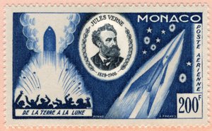 Briefmarke, die am 07.06.1955 in Monaco herausgegeben wurde, um den fünfzigsten Todestag des Schriftstellers Jules Verne zu feiern (Druck)