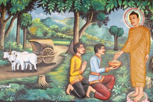 Preah Prom Rath Kloster: Leben Buddhas: Siddhartha Gautama erhielt Nahrung von zwei Brahmanen, Siem Reap, Kambodscha