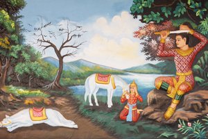 Preah Prom Rath Kloster. Leben des Buddha. Das große Tonsur: der Buddha schneidet sich mit seinem Schwert die Haare ab, dann tauschte er seine Prinzenkleider gegen ein Bettlergewand und begann seine Suche nach Erleuchtung