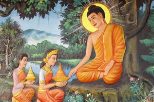 Preah Prom Rath Kloster: Leben Buddhas: Die Entsagung: Eines Morgens bot ein Mädchen namens Sujata Siddhartha köstlichen Milchreisbrei an, Siem Reap, Kambodscha von Unbekannt